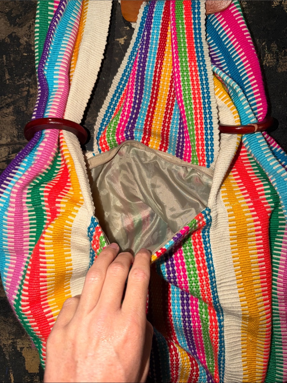 Multicolor Striped Woven Shoulder Bag with Wooden Buckle - Picture 2 of 3